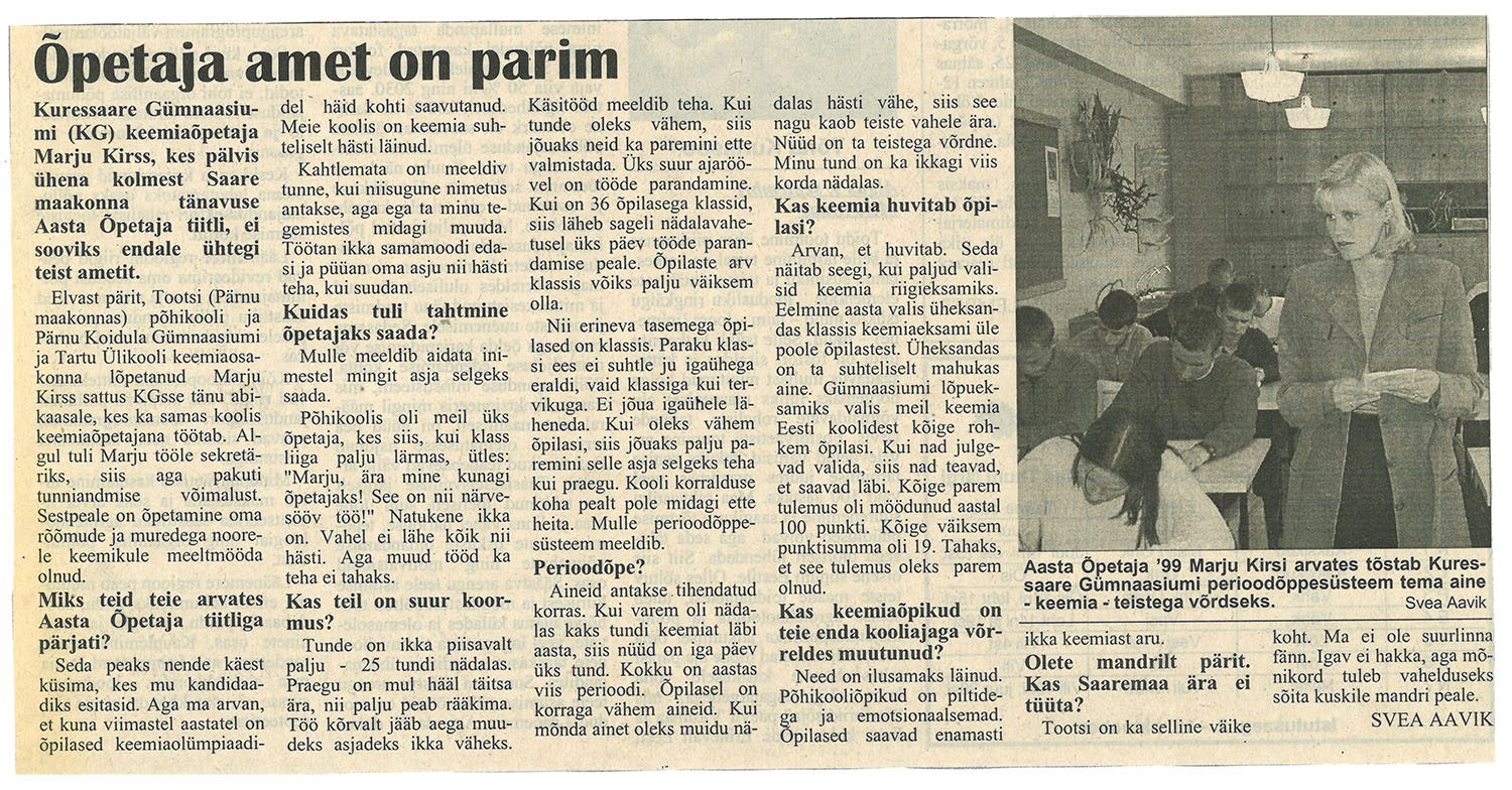 Saare maakonna aasta õpetaja '99 Marju Kirss / Meie Maa, 30.09.1999